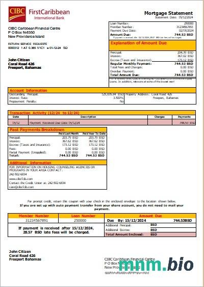 Bahamy CIBC Caribbean Bank wyciąg z kredytu hipotecznego szablon Word i PDF